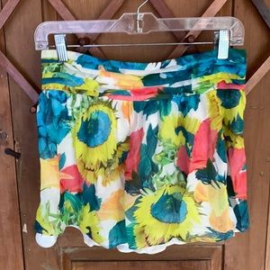 Alice + Olivia yellow/blue floral silk gathered flowy mini skirt